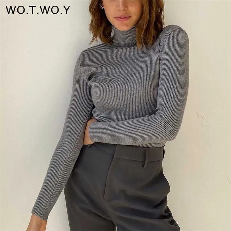 WOTWOY Maglione a collo alto lavorato a maglia a costine Donna Autunno Inverno Slim Fit Pullover base Donna Manica lunga Nero Maglione bianco 211018