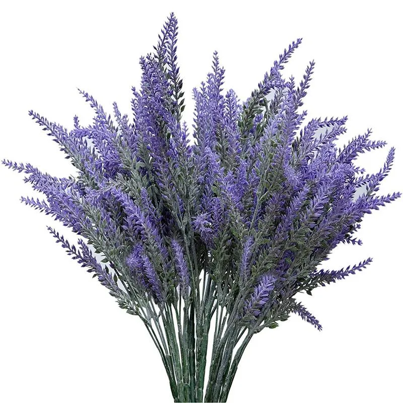 Flores decorativas Coronas 10 Ramo de lavanda flocado artificial Novia falsa Hogar DIY Piso Jardín Oficina Decoración de la boda Púrpura