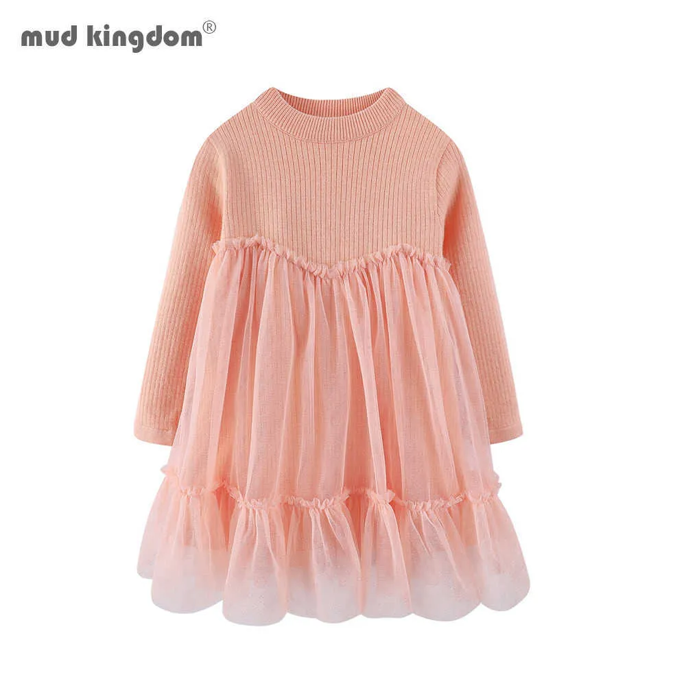 Mudkingdom neonata primavera autunno maglione vestito a coste lavorato con tulle vestiti per bambini 210615