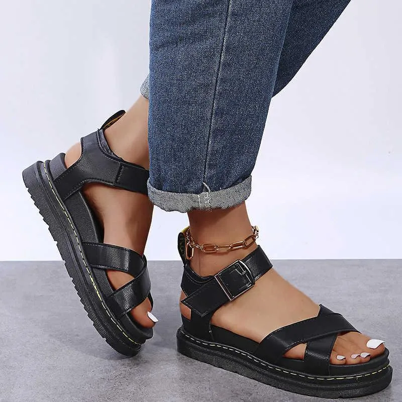 Sandals 2021 Summer Flat Bottom Heel Thick Soled Roman Shoes Buckle Cross Solid Color Women's Student