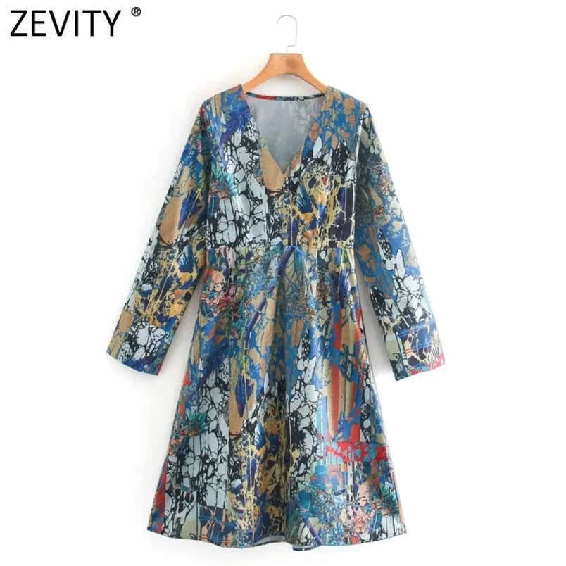 Vrouwen vintage v-hals lange mouw abstracte bloem print een lijn jurk vrouwelijke casual slanke chique vestido kleding DS4663 210420