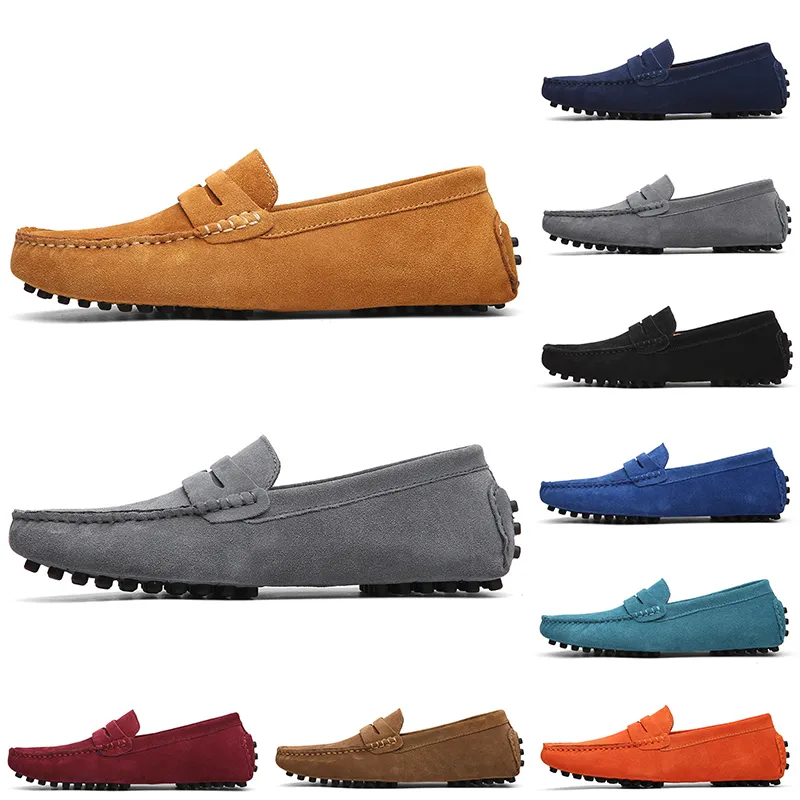 Cheaper Non-Brand men casual suede shoes black light blue wine red gray orange green brown mens slip on lazy Leather shoe eur 38-45