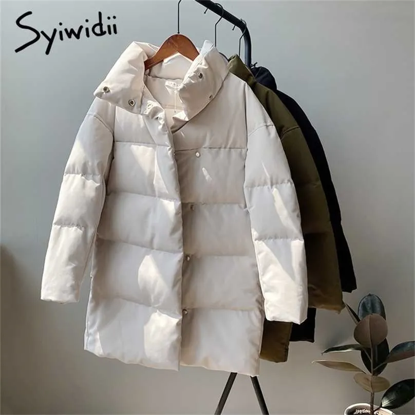 Syiwidii ​​mulher jaqueta inverno casaco elegante parkas coreano sólido tamanho manga comprida botões bolsos morno bege preto solto 211216