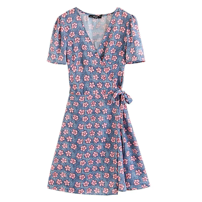 Розово-синее платье с V-образным вырезом и короткими рукавами с поясом и запахом Мини-летнее мини-платье в стиле ампир с цветочным принтом D0668 210514