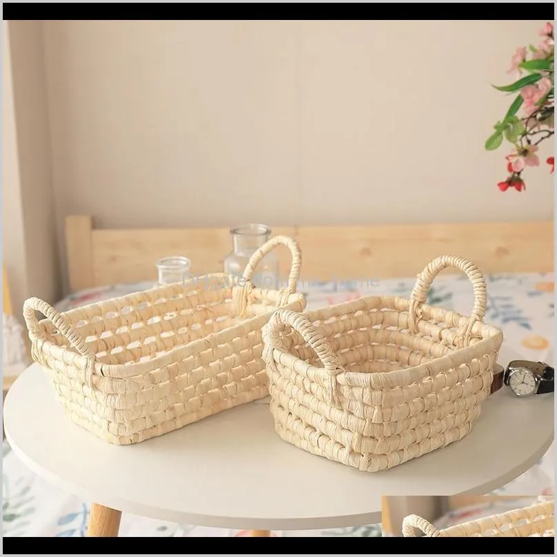 handmade straw storage basket corn husk fruit sundries organizer plant box flower pot with handle baskets