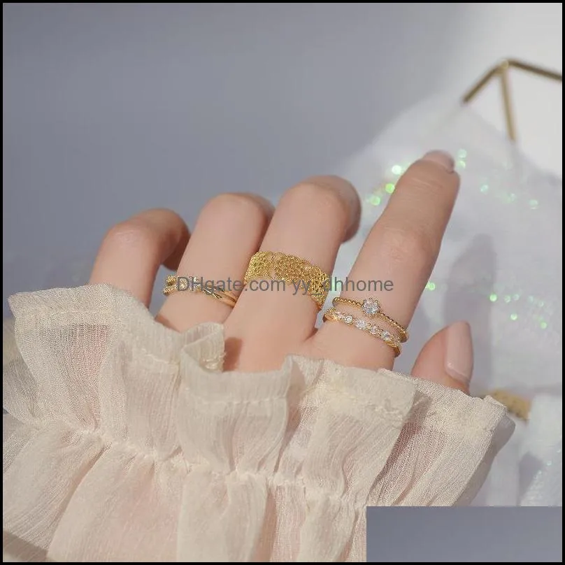 Cluster Rings Delicate Jewelry 14K Gold Plated Pierced Flower Adjustable Crystal For Women Simple Style Cubic Zircon Set