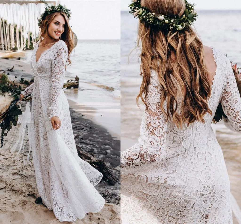 Robe De mariée Empire en dentelle, style Boho, col en v, dos nu, manches longues, pour la plage, grande taille, 2023, 273y