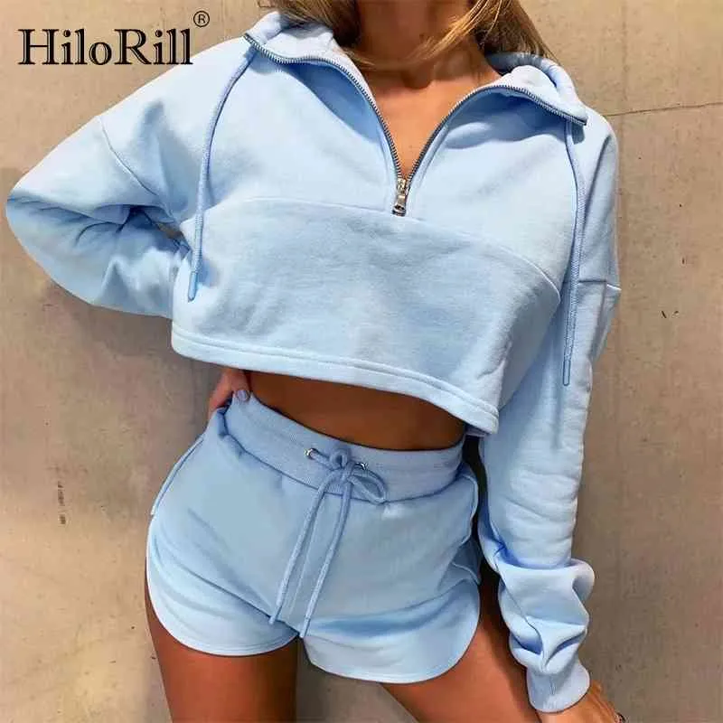 Kvinnor Solid Hem Styles Två Piece Set Batwing Sleeve Short Pullover Hoodies + Casual Sweatpants Shorts Sport Outfit 210508