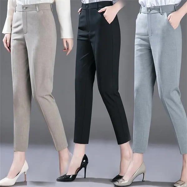 Nuovi pantaloni da abito eleganti autunnali Pantaloni da donna a vita alta Fashion Office Lady Pantaloni dritti Pantaloni casual Plus Size Q0801