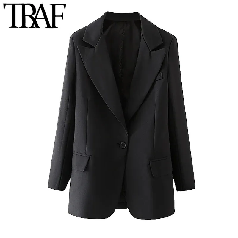Traf女性のファッションシングルボタンスリムブレザーコートビンテージ長袖ポケット女性のアウターシックベストフェムミ210415