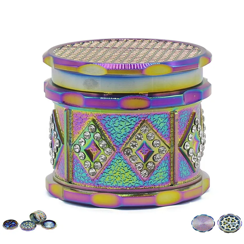 High-Quality 63mm 4 layer Zinc Alloy Diamond Shape Tobacco Herb Grinder Rainbow Cigarettes Crusher Smoking Accessories