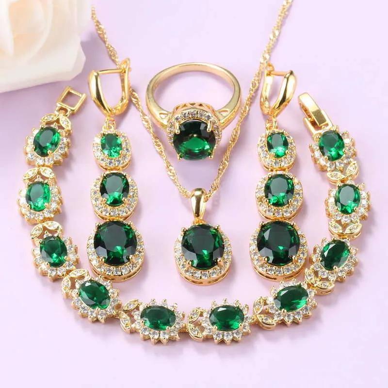 African Beaded Wedding Jewelry Set Gold-Color Green Cubic Zirconia Necklace Long Earrings Bracelet And Ring Women Sets H1022