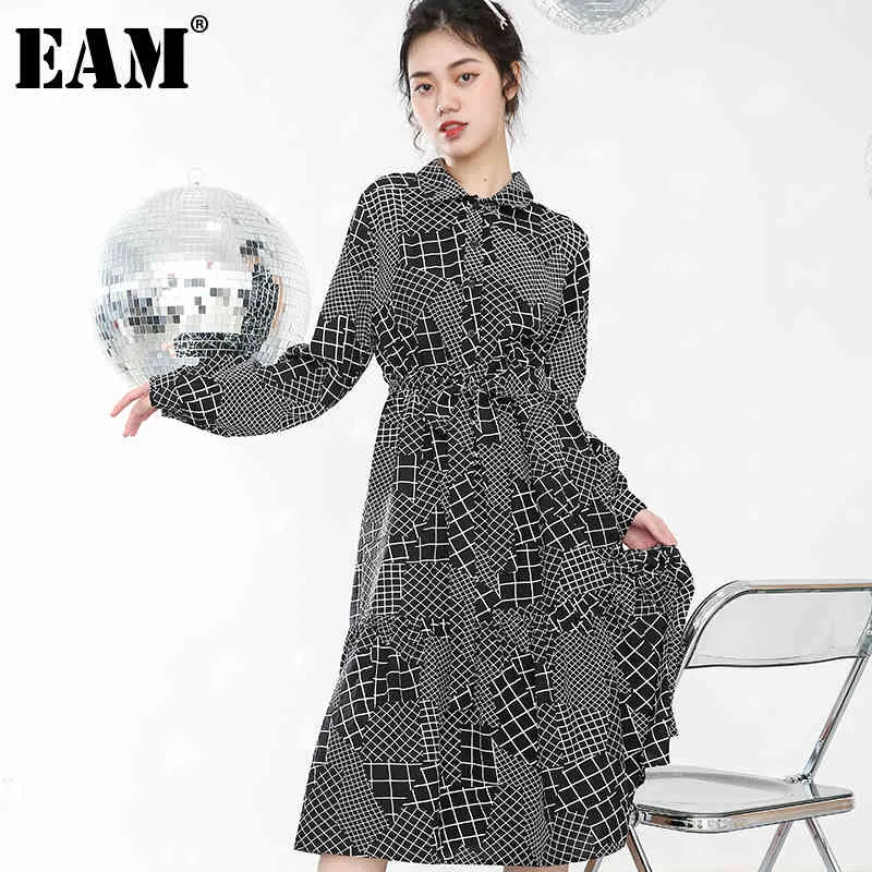 [EAM] Frauen Elegante Gürtel Plaid Druck Muster Kleid Revers Lange Hülse Lose Fit Mode Frühling Herbst 1DD452301 21512