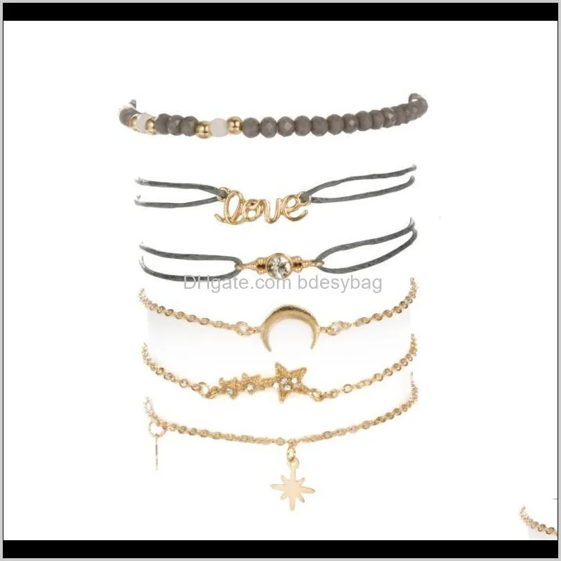 tocona boho gold color star moon pendant crystal layered bracelet set for women girl metal rope adjustable bracelet 6523