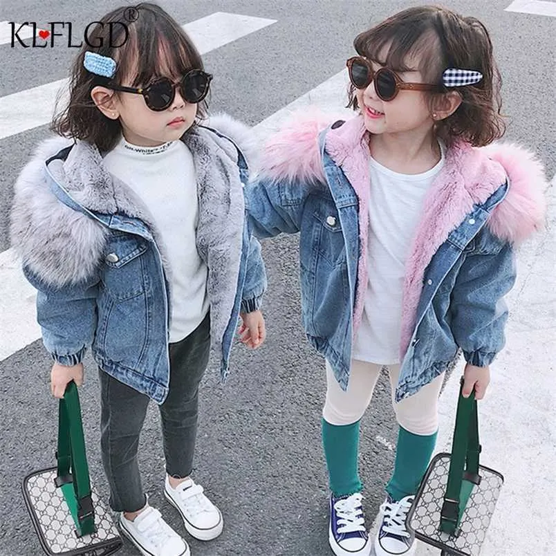 Manteau de veste en jean en peluche pour enfants d'hiver bébé court grand collier de cheveux pour garçons et filles 211203