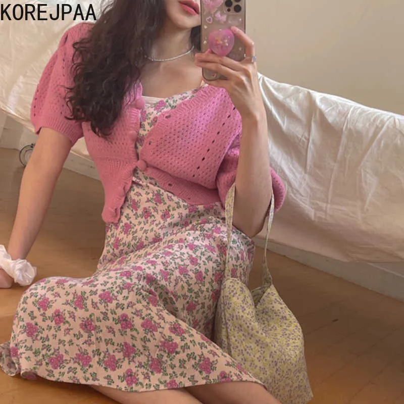 Korejpaa Women Set Summer Korean Chic Girl Retro Sweet Full Screen Floral Sling Dress Industria pesante Maglione lavorato a maglia 210526