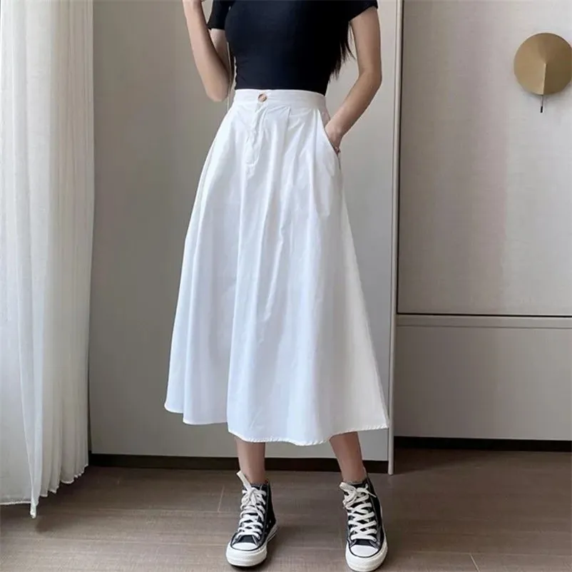 Solid färg vita kvinnor grundläggande sommar a-line kjolar bomull hög midja pläterad plus storlek koreanska svarta vilda bottnar 210421