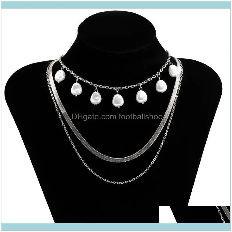 IngeSight.Z Baroque Imitation Pearl Tassel Pendant Necklace Multi Layered Copper Flat Blade Snake Chain Choker Necklaces Jewelry