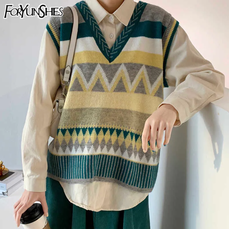 Foryunshes Brown Plaid Trui Vest Vrouwen Harajuku Mouwloze Gebreide Jumper Oversized Pullovers Sweaters Cropped Tank Tops 210709