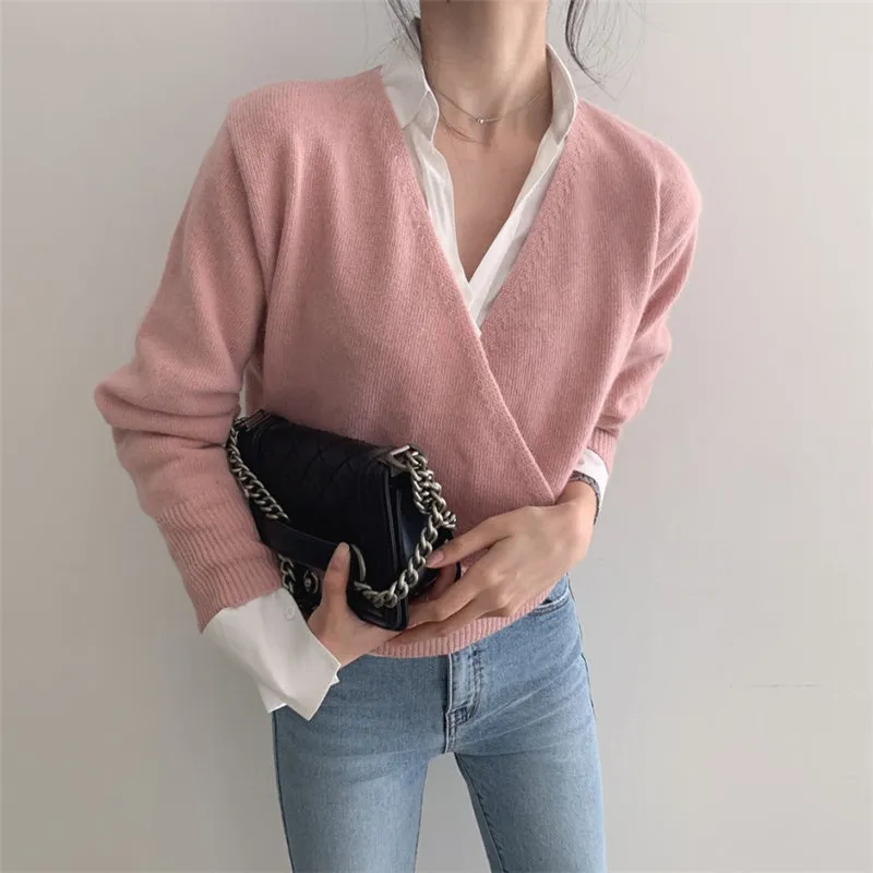 Loose Elegance Solid All Match Office Lady Spring V-Neck Gentle Women High Waist Knitted Jumpers Chic Sweaters 210421