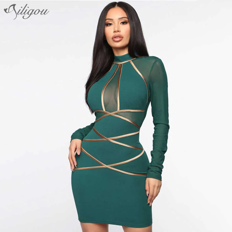 Summer Long-Sleeved Green Lace Bandage Dress Women Sexy Hollow Club Mini Celebrity Party Vestidos 210527