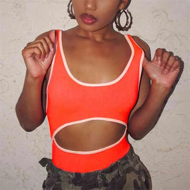 OMSJ Sexy évider corps barboteuse femmes élastique été mode Streetwear Body Orange vert Club mince salopette 210517