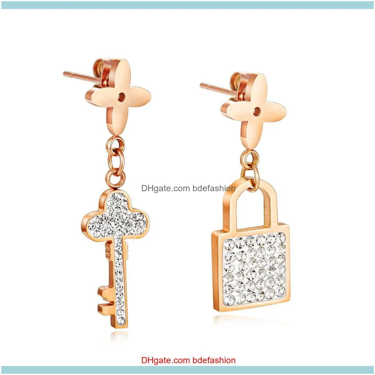 Smycken ins modedesigner rostfritt stål nyckel lås diamant zirkonia dingle hänge studörhängen för kvinnor flickor släpp leverans 2021 swn4c