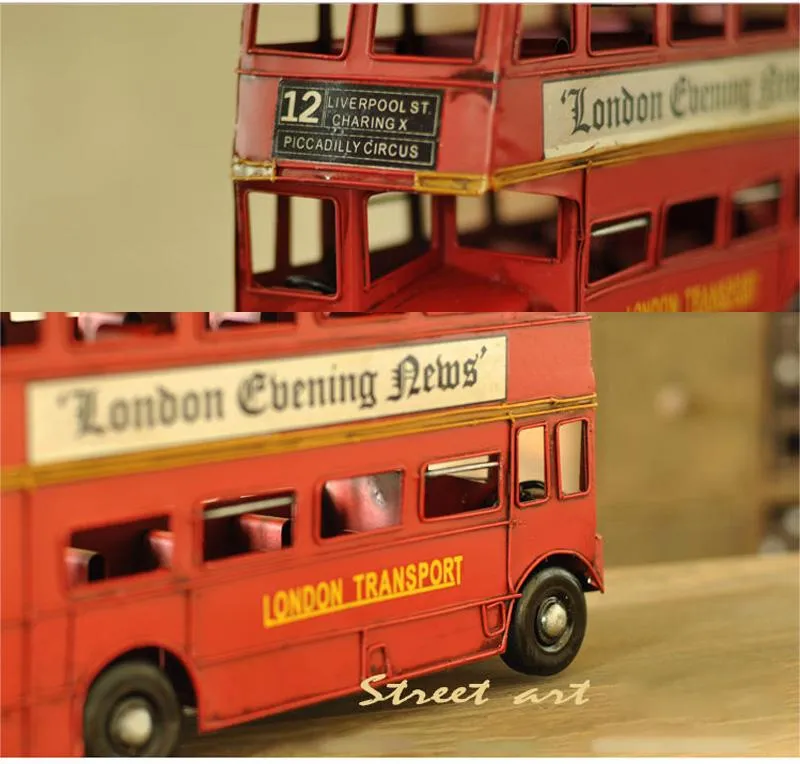 Objets décoratifs Figurines Fer Londres Double Couche Bus Miniature Modèle Voiture En Métal Pour La Décoration De La Maison Enfants Jouets Artisanat Bureau Orna