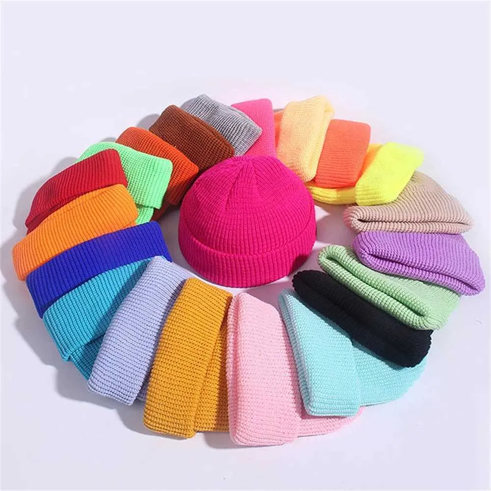 Bonbons Couleur Laine Skullcap Unisexe Tricot Slouchy Épais Bonnet Bonnets À Revers Chapeau D'hiver Solide Beenie Sports De Plein Air Crâne Cap Chunky Hip Hop Danse Coiffe H12HY4X