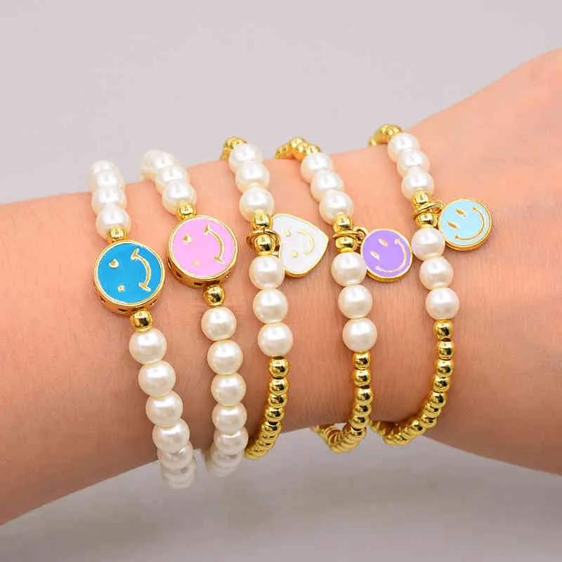 Women Enamel Charms Stainls Steel Ball Happy Stackable Beaded Pearl Smiley Face Bracelet Sets