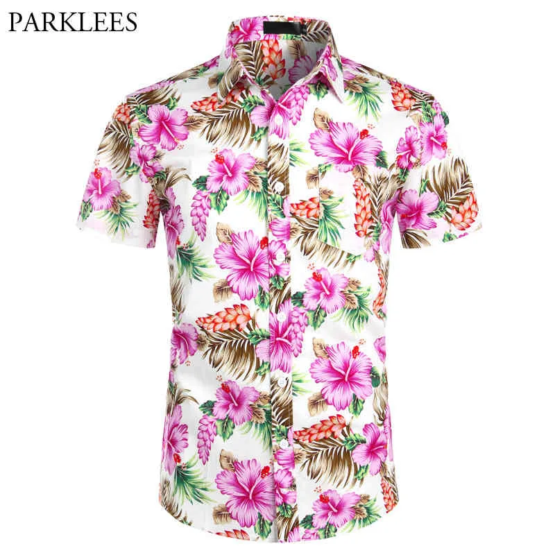 Гавайские рубашки мужские тропические розовые цветочные пляжные рубашки лето с коротким рукавом каникула одежда повседневная гавайская рубашка мужчины США размер XXL 210410