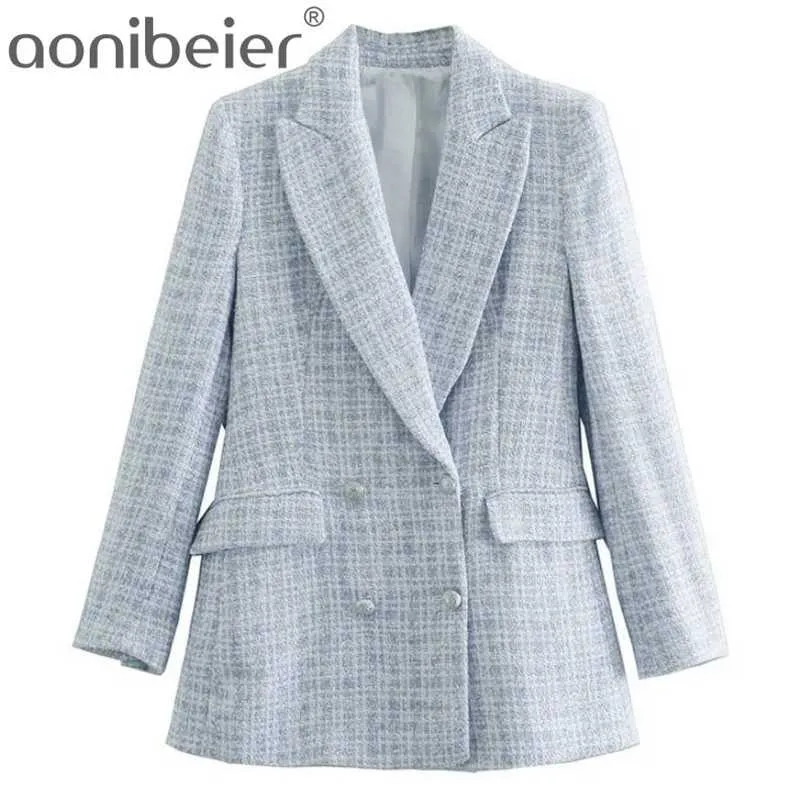 Aonibibeier Light Blue Women Mode Double Breasted Pockets Jas Vrouwelijke Bovenkleding Office Lady Jacket Pak Urban Workwear 210930