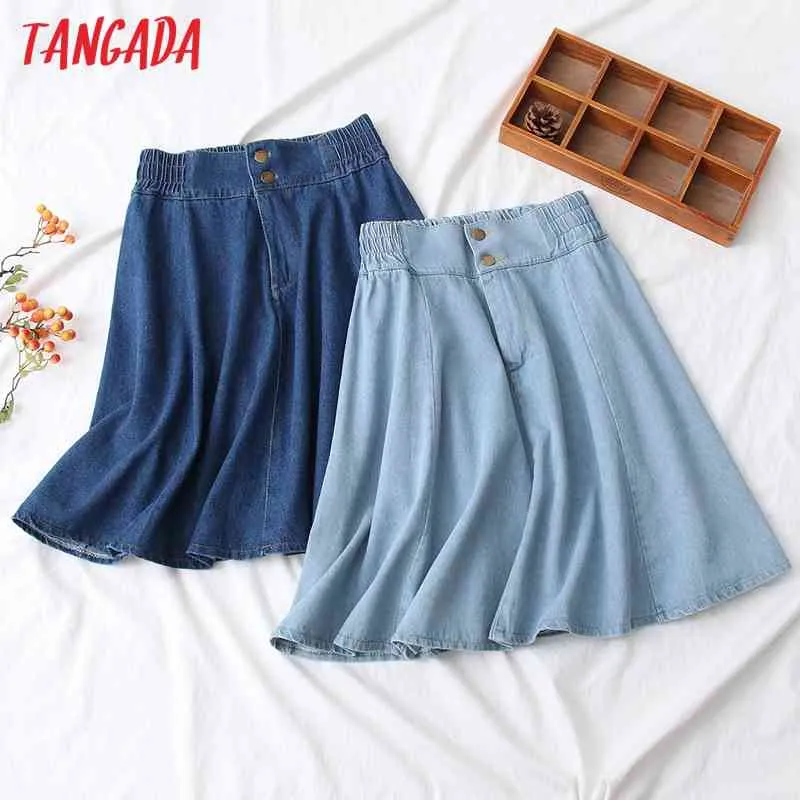 Women Blue Denim Skirt Vintage Strethy Waist Summer Ladies Elegant Chic Mid Calf Skirts 5N04 210416