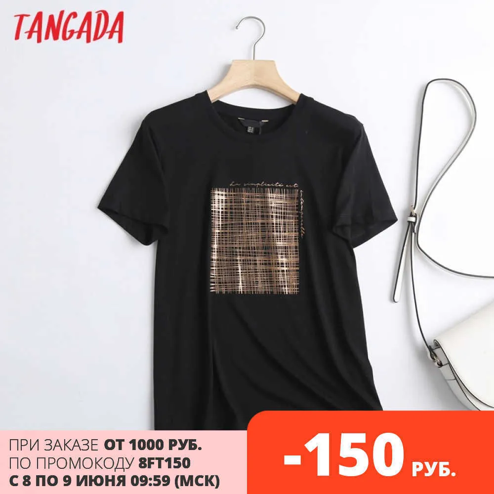 Tangada女性の黒い文字ゴールデンプリントコットンTシャツ半袖ティーレディースカジュアルティーシャツストリートウェアトップ6D04 210609