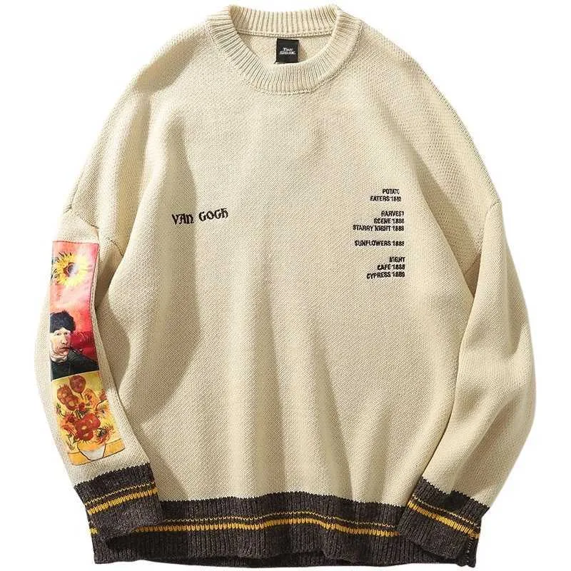 Oversized Sweater Men Pullovers O-neck Autumn Van Gogh Print Clothing Causal Harajuku Knitted Sweater Men Pullovers Streetwear Y0907