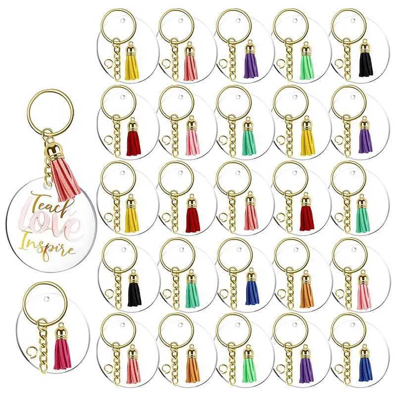 120pcs Acrylic Keychain Blanks Tassels Clear Circle Blanks with Hole Key Rings with Chain Jump Rings for Diy Keychains H0915