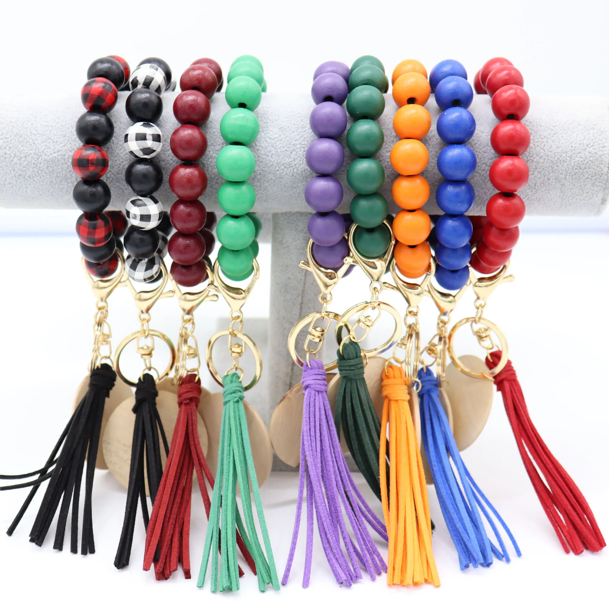 All'ingrosso commercio straniero straniero perline tallone di legno portachiavi moda personalità disco tassel braccialetto portachiavi multicolore opzionale