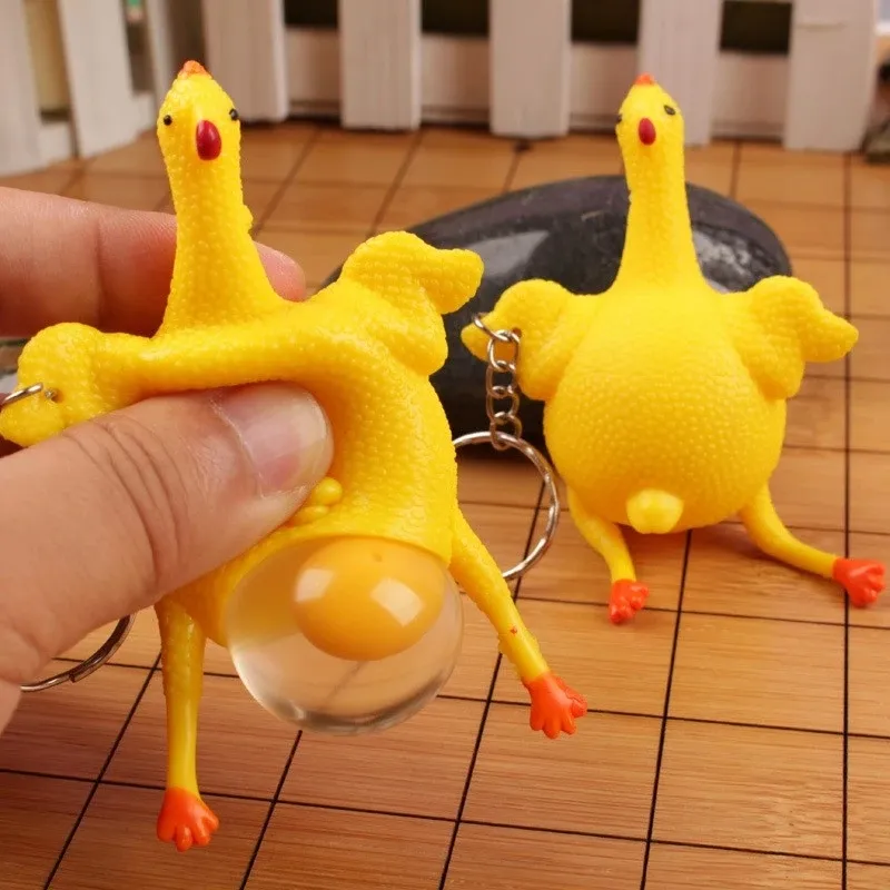 Cute Chicken Egg Toy Laying Hens Crowded Stress Ball Keychain Creative Funny Spoof Tricky Gadgets Keyring with Key Chains Novelty Halloween Vent Toys for Kids Adult