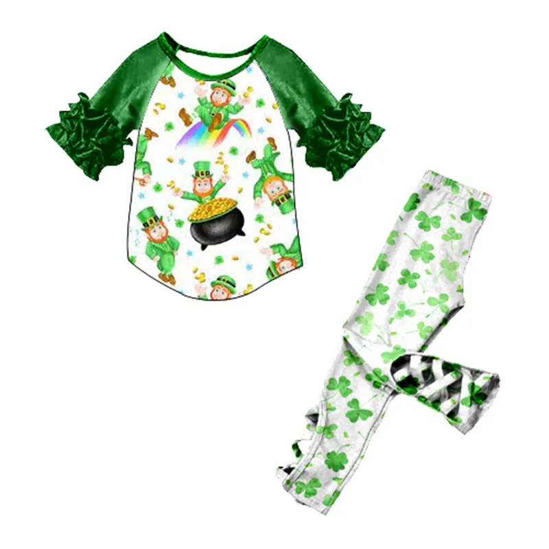 Wholesale St. Park Girls Sets blue dog Four leaf clover Printed Tops cross leggings Children Clothes