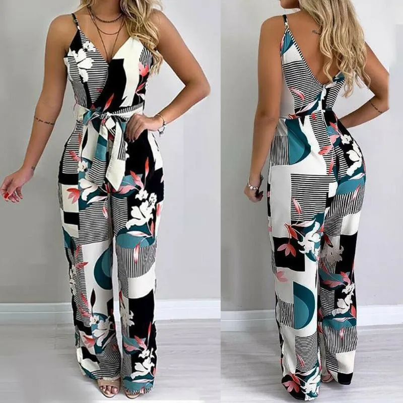 Dames Jumpsuits Rompertjes Dames Zomer Strand Wide Been Vakantie Jumpsuit Dames Avondfeest Sexy Floral Print Mouwloze V-hals Playsuit