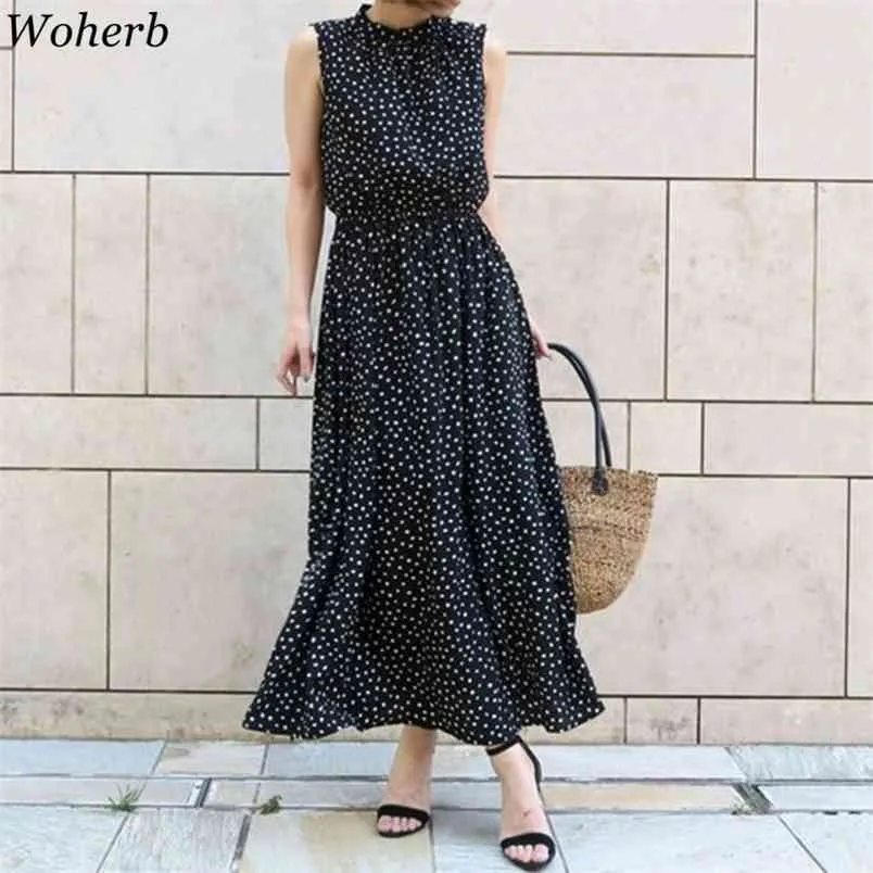 Japanska Eleganta Maxi Klänning Kvinnor Vintage Polka Dot Skriv ut Ärmlös Tank Klänningar Sommar Koreansk Chic Sweet Vestitos 210519