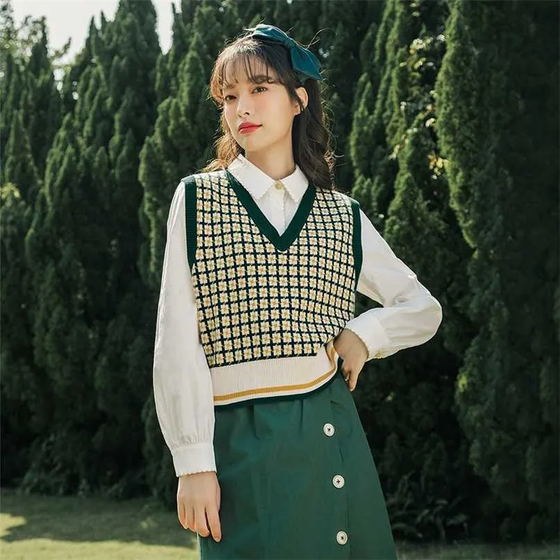 Inman Herfst Winter Elegante Bovenkleding Dames Plaid Sweet Girl Vintage Color Art Contrast Vest V-hals Lady Sweater 211120