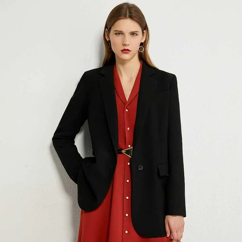 Women Vintage One Button Pocket Black Fall Winter Office Wear Minimalist Mid Long Blazer Formal Business Suit Jackets Coat Women's Suits & B