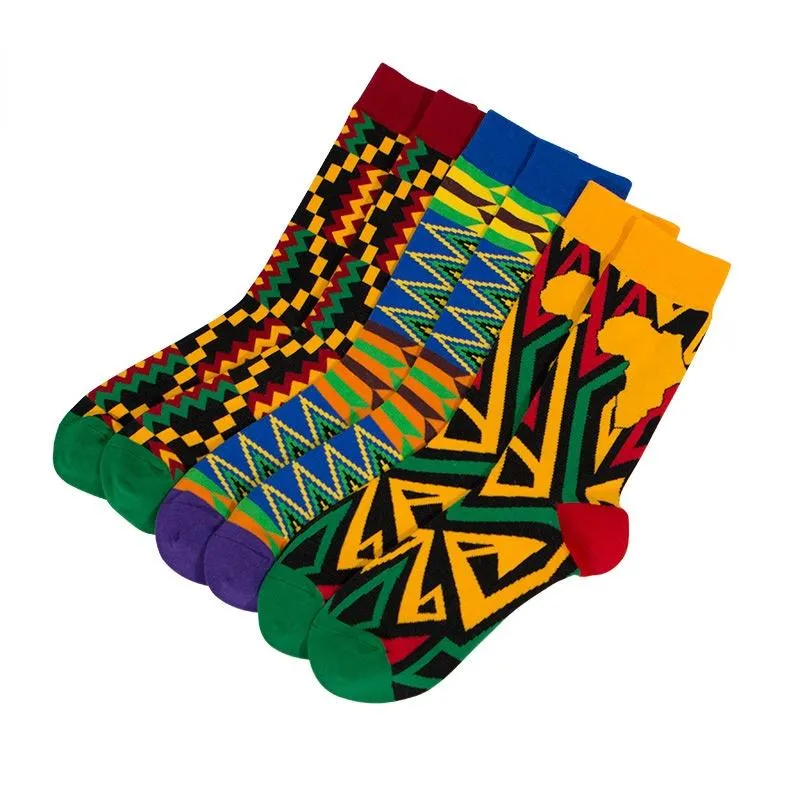 Ethnic Clothing 3 Pairs/pack Women Socks African Print Striped Lattice Design Colorful Soft Leisure Skateboard Funny Gift Multicolor