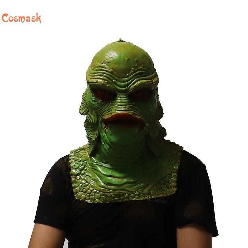 Cosmask Latex Mermaid Monster Man Headbonar Grön Fisk Monster Mask Masquerade Vattendjur Fisk Huvud Q0806