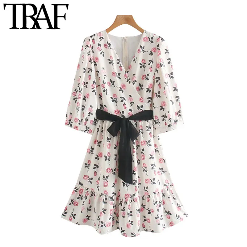 Traf Femmes Chic Mode Avec Ceinture Imprimé Floral Mini Robe À Volants Vintage Manches Courtes Dos Fermeture À Glissière Robes Femelles Mujer 210415