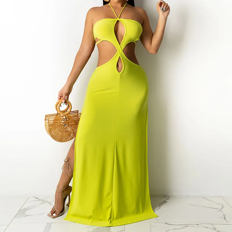 Halter сплошной цвет Maxi платье без спинки сексуальные выдолбления сплит длинные Vestidos 210521