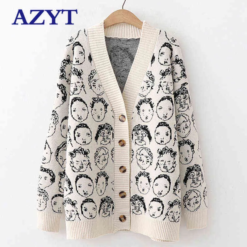 AZYT Automne Hiver Comic V Col Cardigan Femme Veste Tricots Pull Manteau Casual Veste En Tricot Pull Pour Femmes 211109