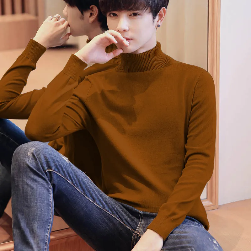 Solid Sweater Men Autumn Winter Brand Mens Pullover Turtleneck Casual Slim Warm High Neck Male Knitted Ribbed Hem Pull Sweaters 210524
