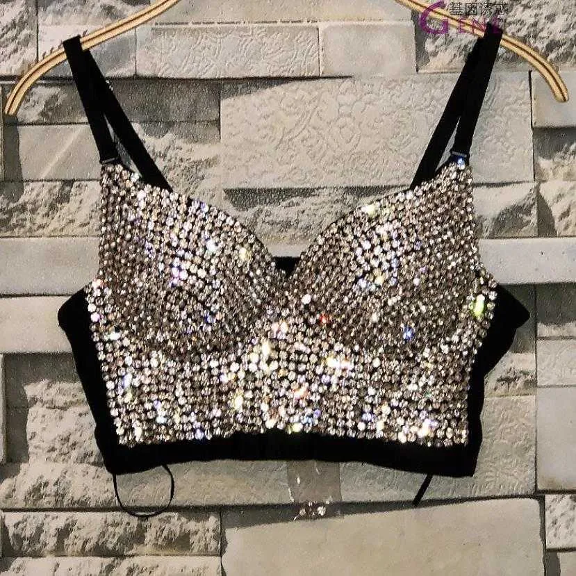 Plus Rozmiar Wysokiej Jakości Ręcznie Made Pearls Jewel Diamond Frezowanie Kobiet Sexy Bustier Bra Cropped Sling Top Vest Bring 210714